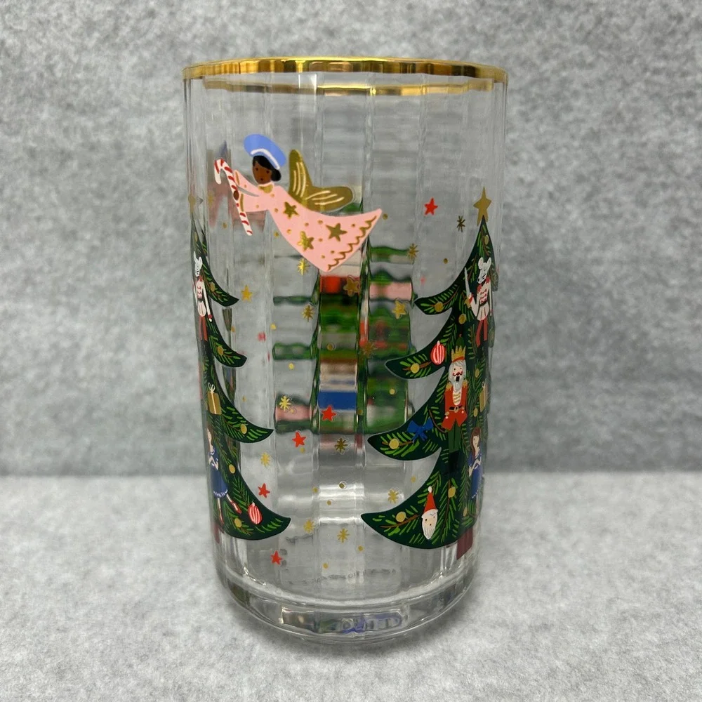 Rifle Paper Co for Anthropologie Nutcracker Juice Glass Set of 4 Gold Rim Fluted